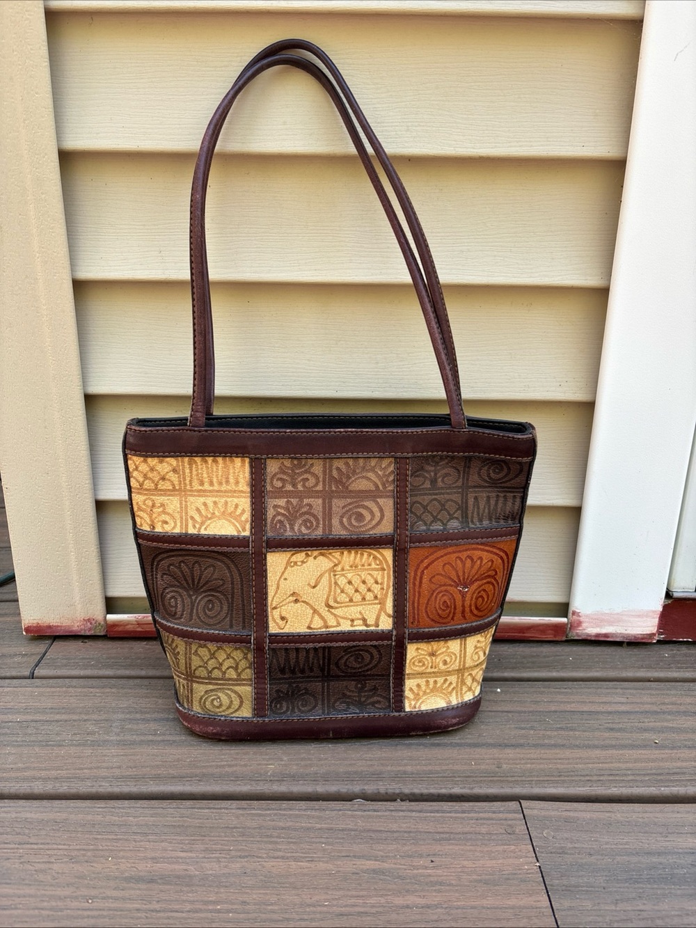 Vtg Asian Treasures Leather Hobo Multicolor Patchwork Shoulder Bag-Thai Elephant